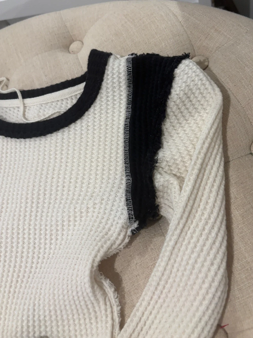 Free People Waffle-Knit Ava Ringer long sleeve in Cream with Black Trim